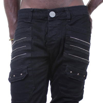 P&V Men Slim Fit 3 Zippers 3 Stars Jeans - Black