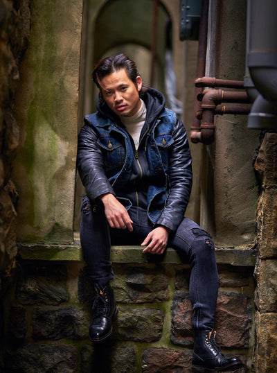 Men Stylish Denim Collar Hoodie Jacket Faux Leather Sleeves - Blue