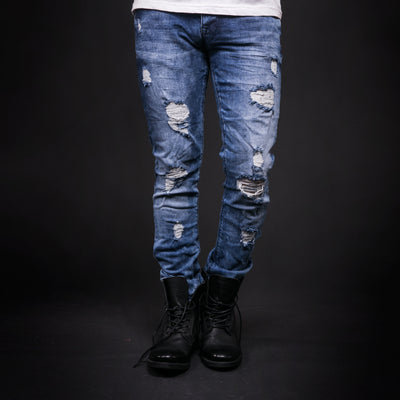 2Y Men Slim Fit Ripped Destroyed Black Star Jeans - Blue - FASH STOP