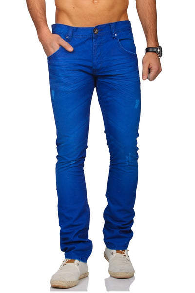 Distressed Faux Denim Chino Trousers Pants - Blue - FASH STOP