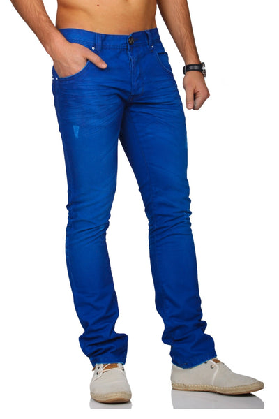 Distressed Faux Denim Chino Trousers Pants - Blue - FASH STOP