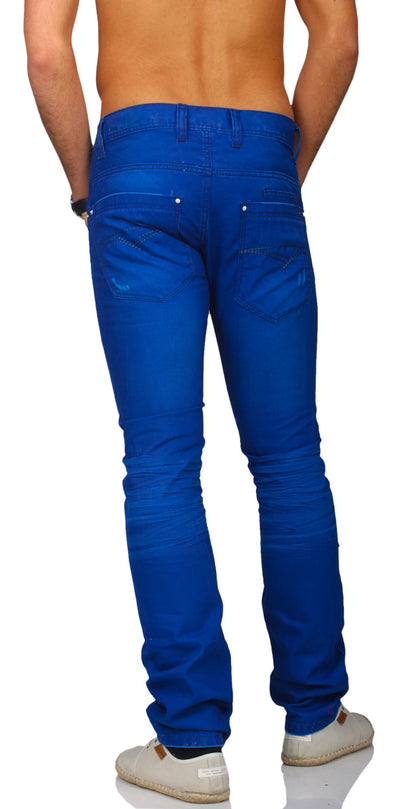 Distressed Faux Denim Chino Trousers Pants - Blue - FASH STOP