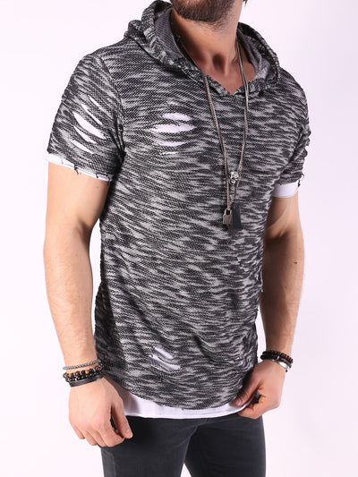 K&B Men Fuzz Ripped Holes Hoodie T-shirt - Black - FASH STOP