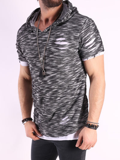 K&B Men Fuzz Ripped Holes Hoodie T-shirt - Black - FASH STOP