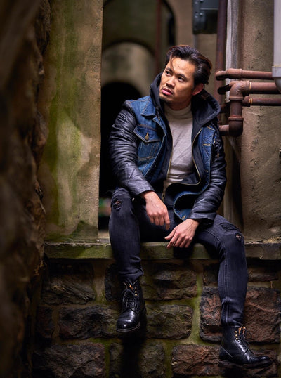 Men Stylish Denim Collar Hoodie Jacket Faux Leather Sleeves - Blue