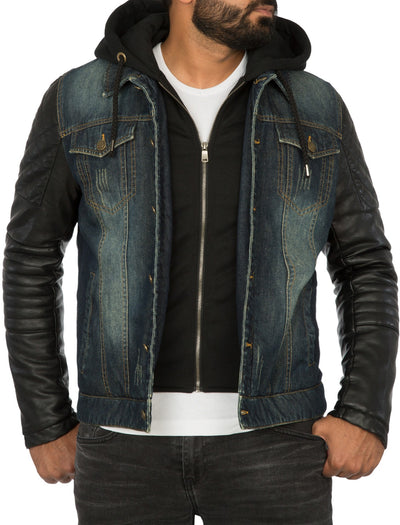 Men Stylish Denim Collar Hoodie Jacket Faux Leather Sleeves - Blue