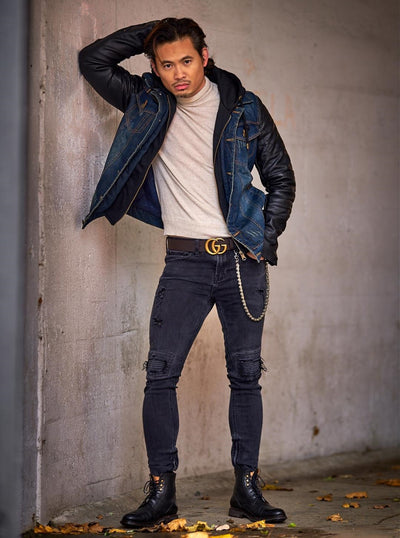 Men Stylish Denim Collar Hoodie Jacket Faux Leather Sleeves - Blue