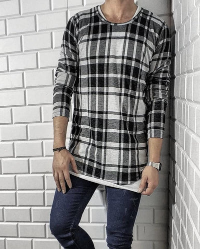 Plaid Flannel Long Sleeves T-Shirt - White Black OS0006A