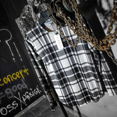 Plaid Flannel Long Sleeves T-Shirt - White Black OS0006A