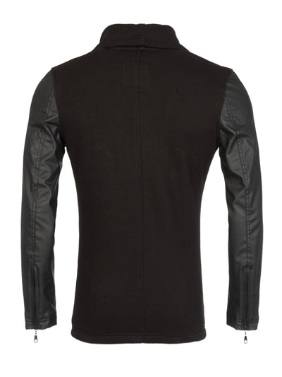 Y&R Men Stylish Sweater Faux Leather Sleeves - Black