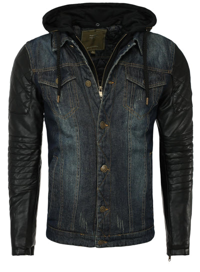 Men Stylish Denim Collar Hoodie Jacket Faux Leather Sleeves - Blue