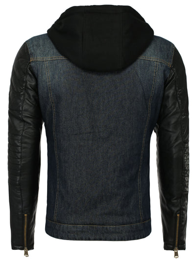 Men Stylish Denim Collar Hoodie Jacket Faux Leather Sleeves - Blue