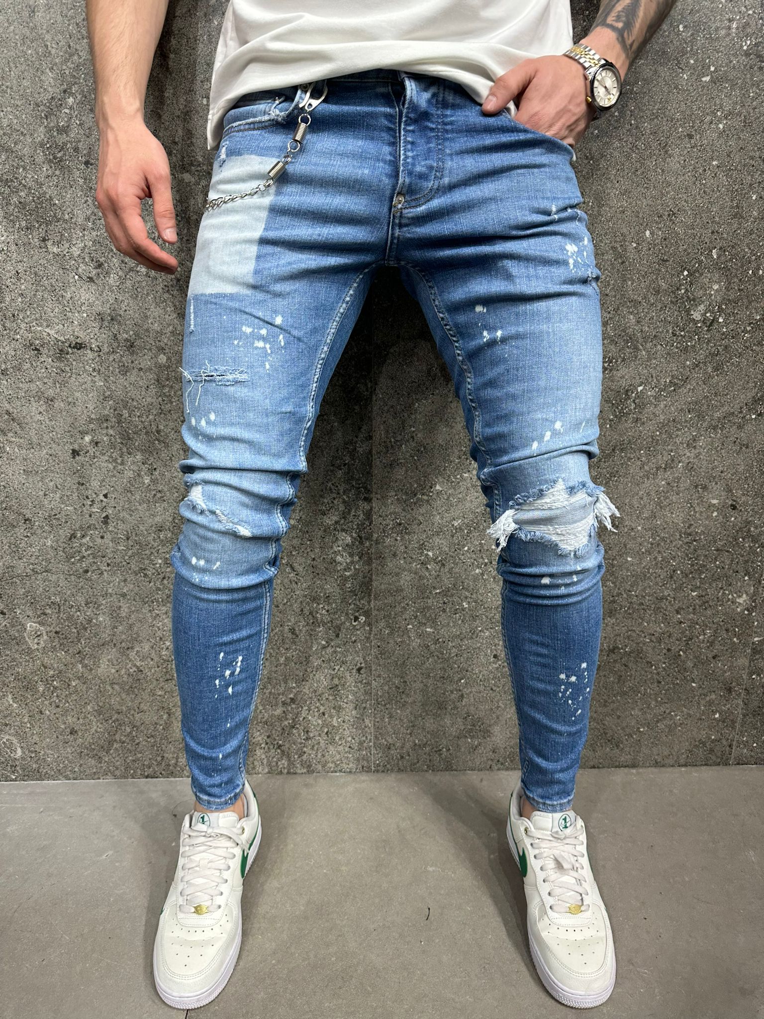 Skinny Fit Rip & Repair Chain Detail Jeans