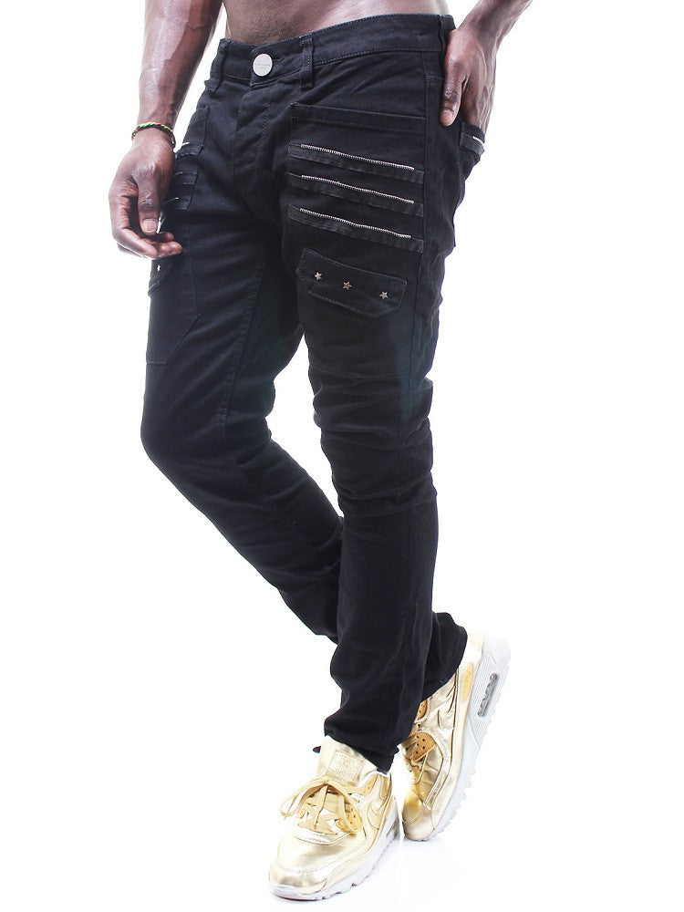 P&V Men Slim Fit 3 Zippers 3 Stars Jeans - Black