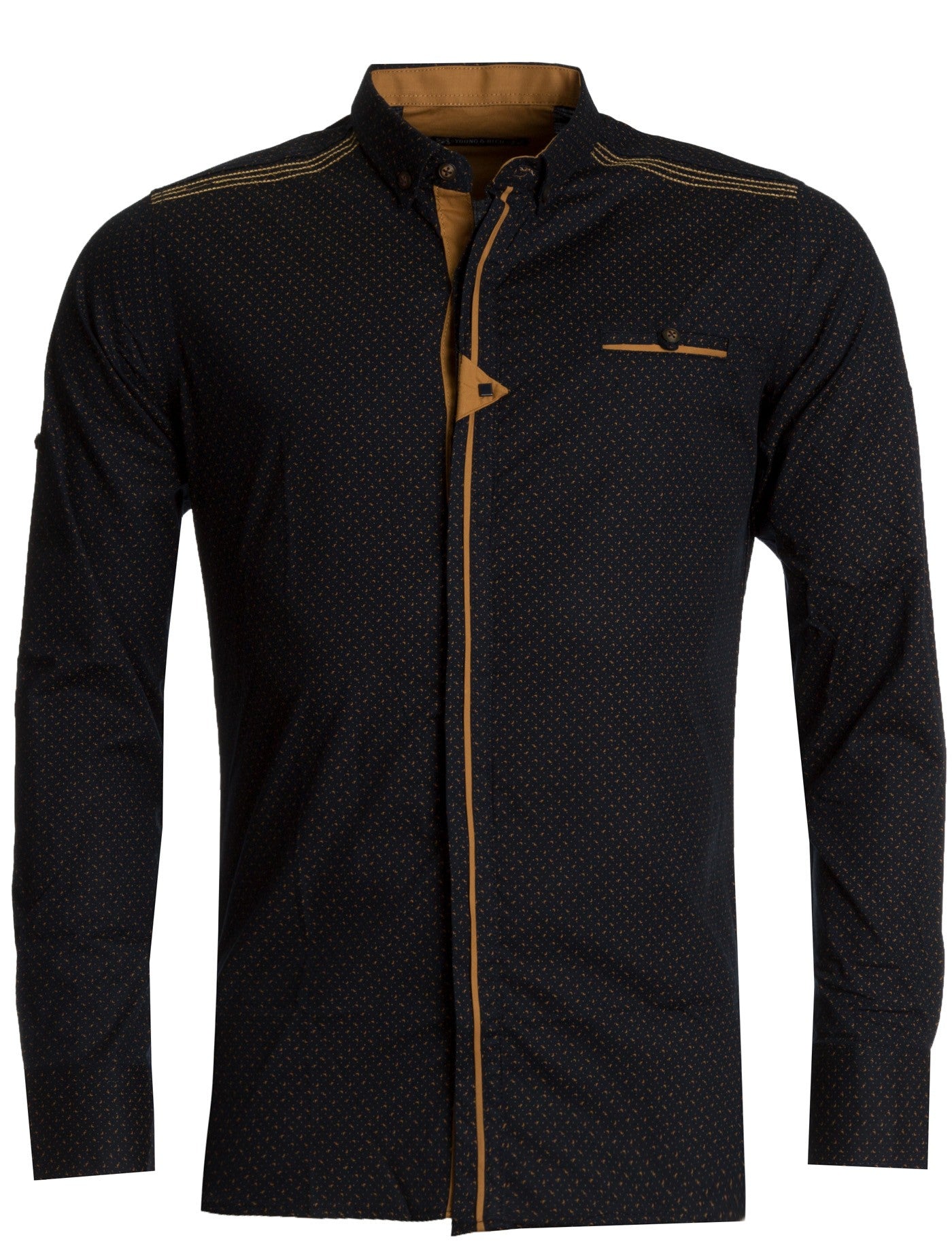 Y&R Men Casual Tri Button Up L/S Shirt - Navy Blue / Brown