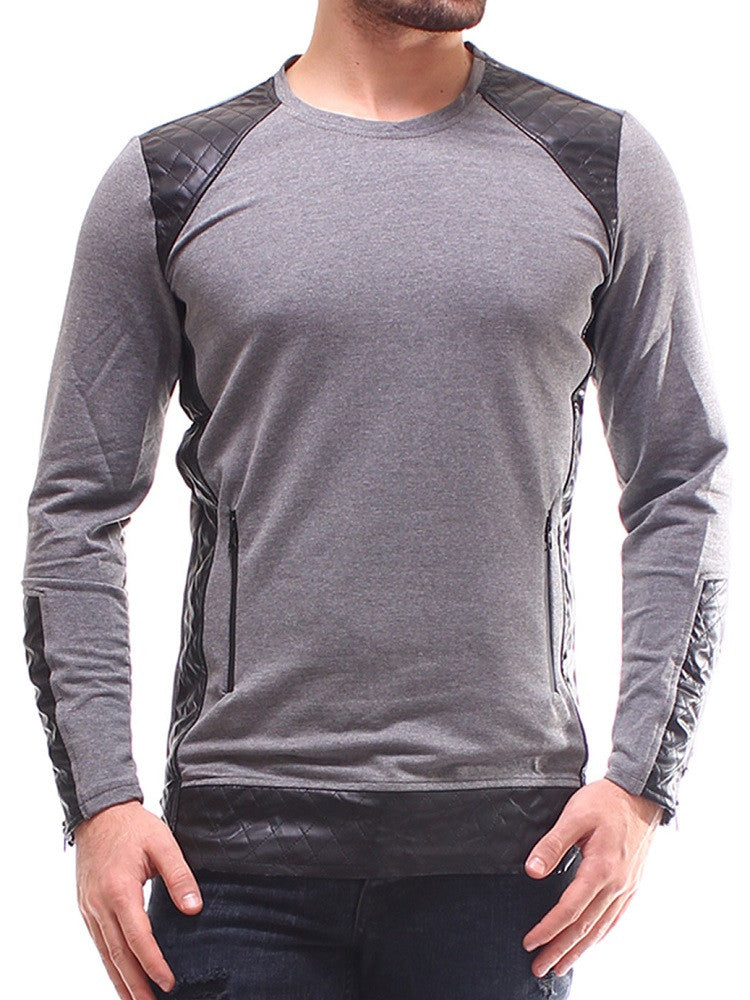 E1 Men Stylish Faux Leather Sweater - Gray - FASH STOP