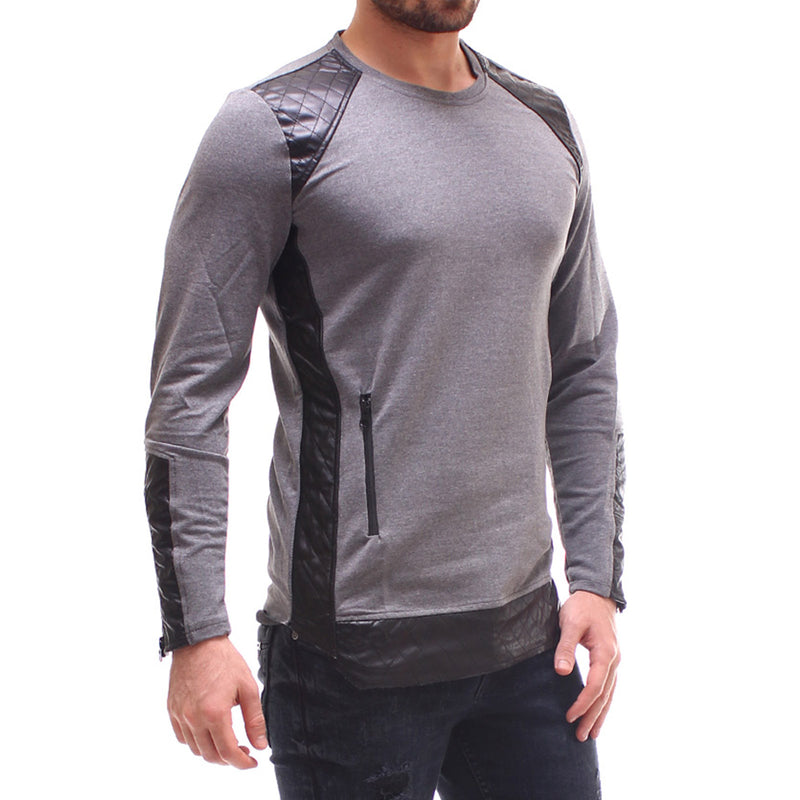 E1 Men Stylish Faux Leather Sweater - Gray - FASH STOP