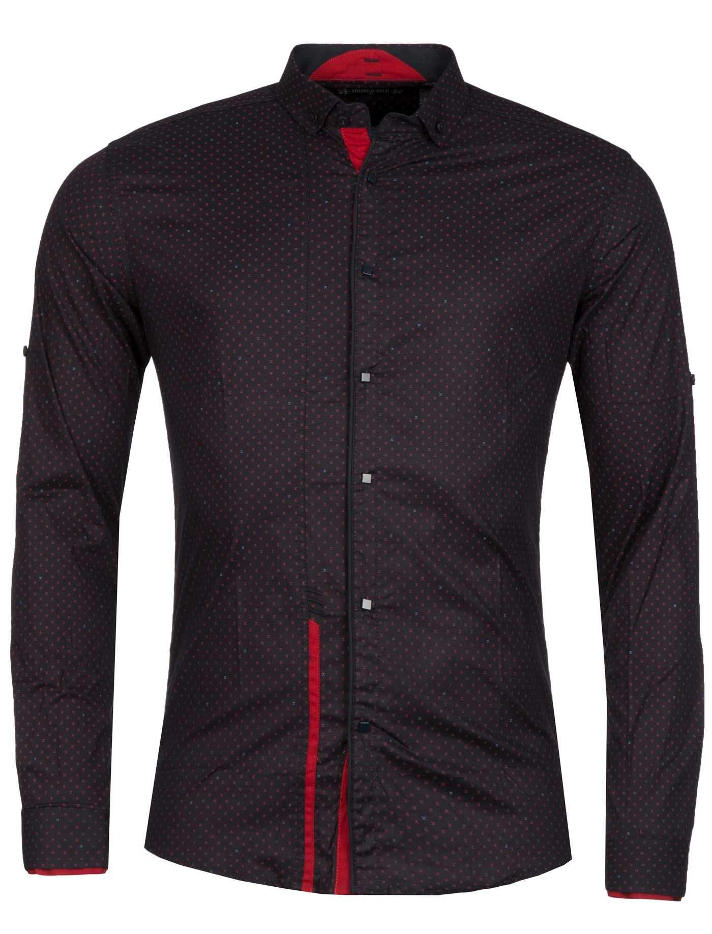 Y&R Men Casual Xpat Button Up L/S Shirt - Navy Blue / Red