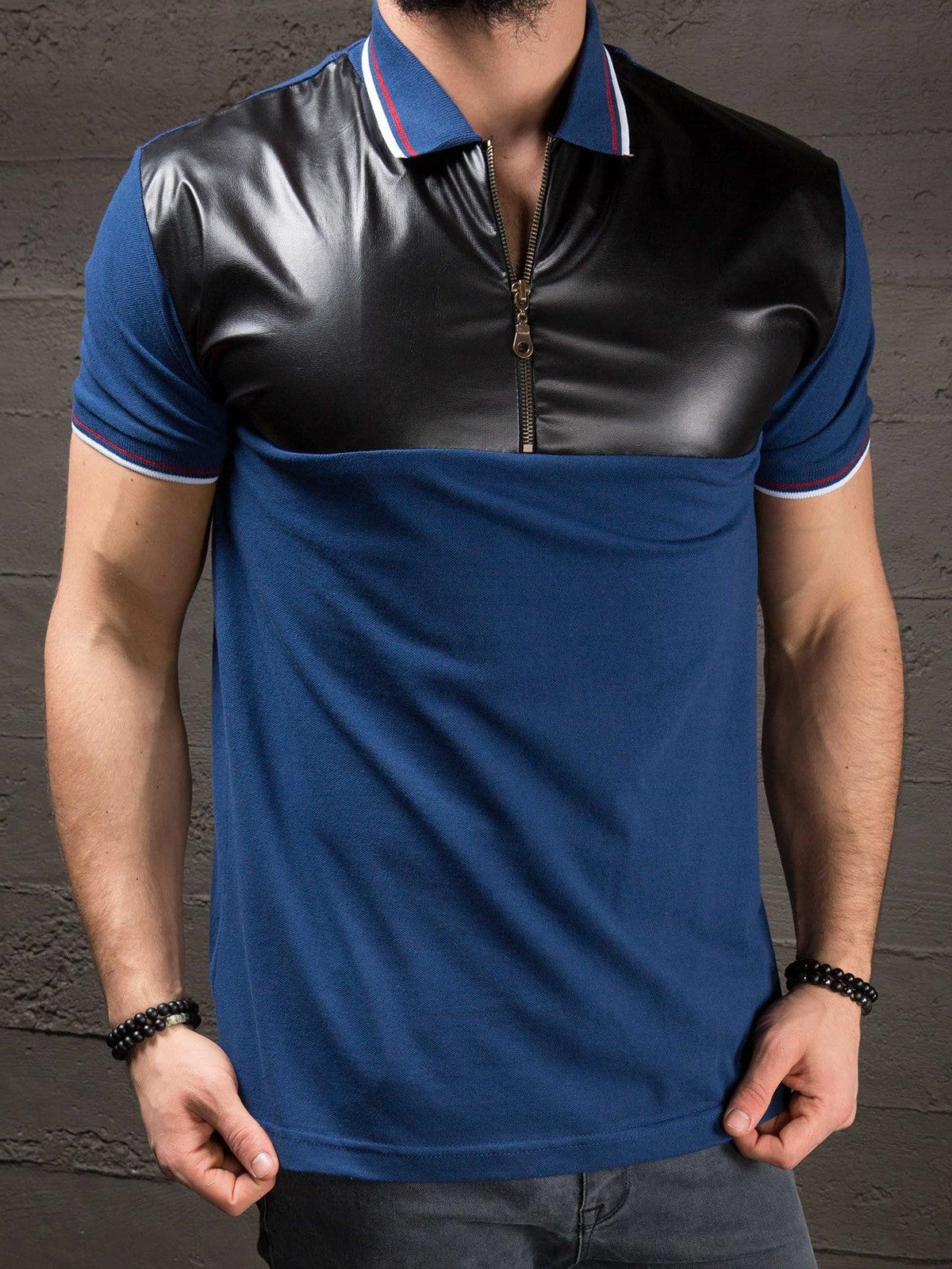 K&B Men Zip Up Faux Leather Top Polo T-shirt - Blue - FASH STOP