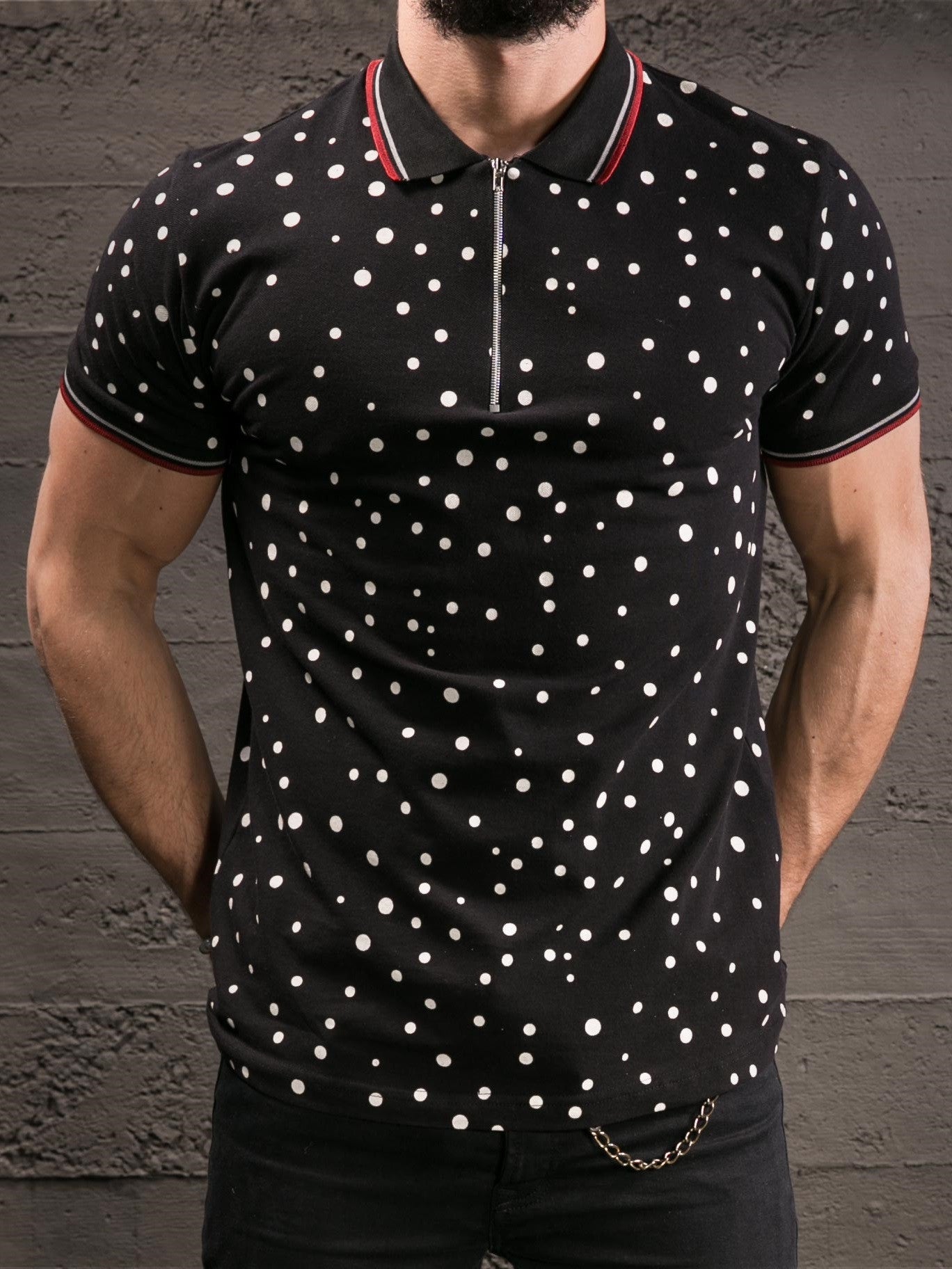 K&B Men Zip Up Polka Dots Polo T-shirt - Black - FASH STOP