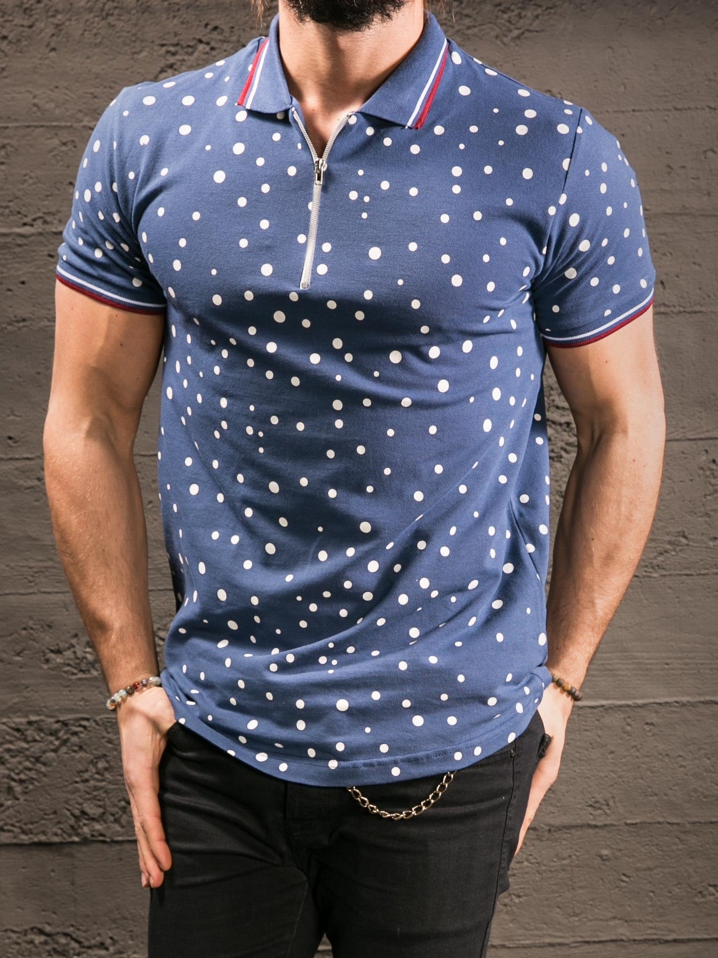 K&B Men Zip Up Polka Dots Polo T-shirt - Blue - FASH STOP