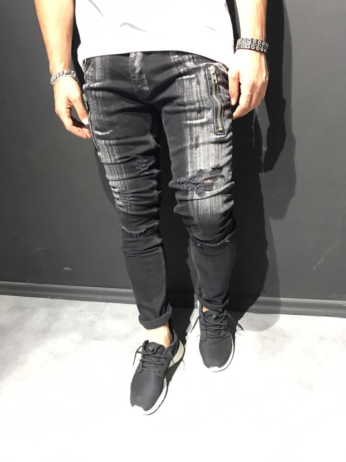 2Y Men Slim Fit Scratched Ripped Destroyed Zippers Jeans - Black - FASH STOP