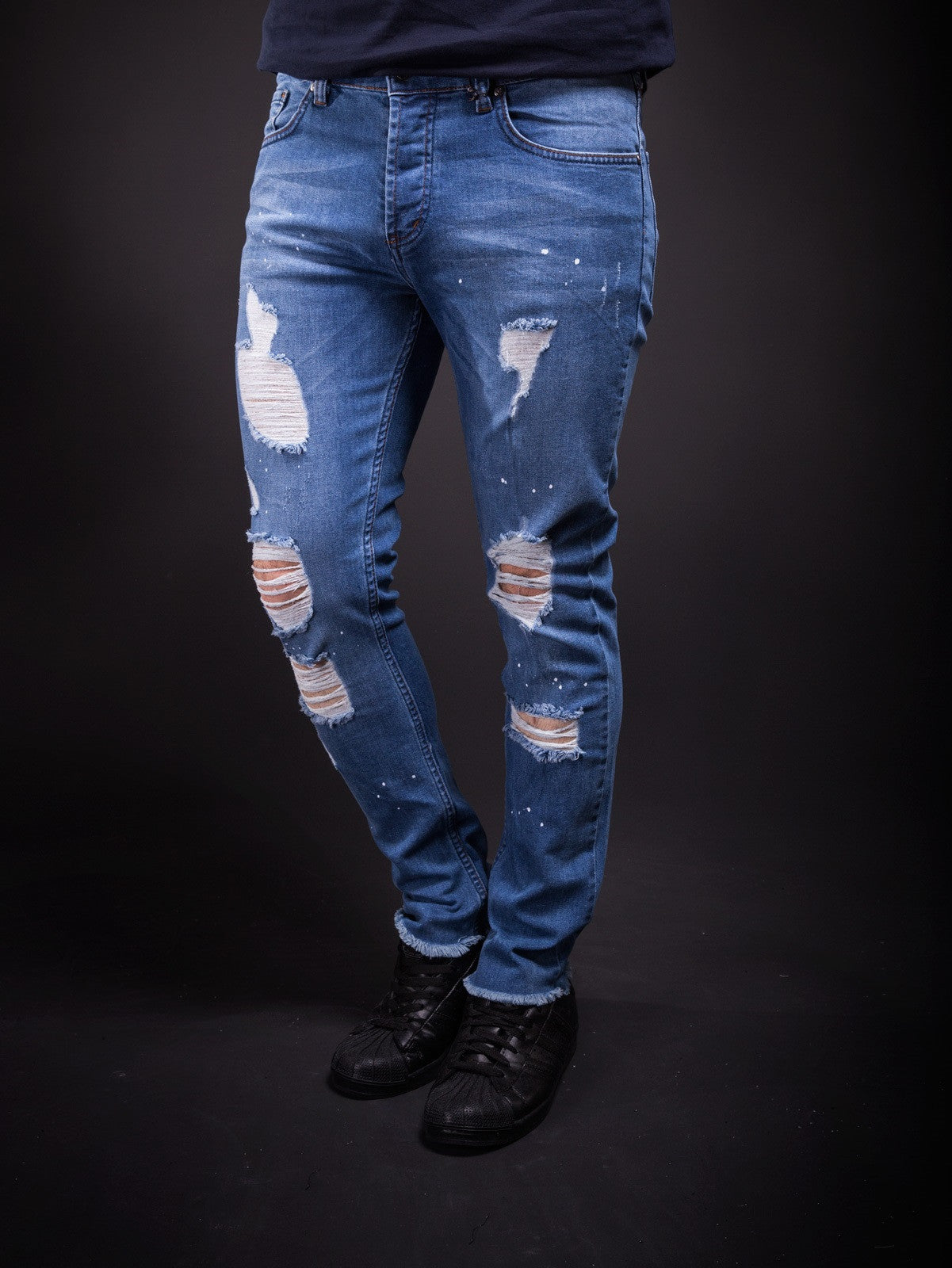 Men Skinny Fit Wrinkled Ripped Distressed Jeans - Blue