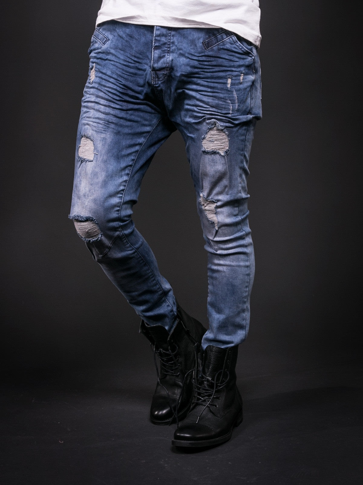 HUNGSON Men's Blue Slim Fit Jeans Stretch Destroyed Ripped Skinny Jeans  Side Str