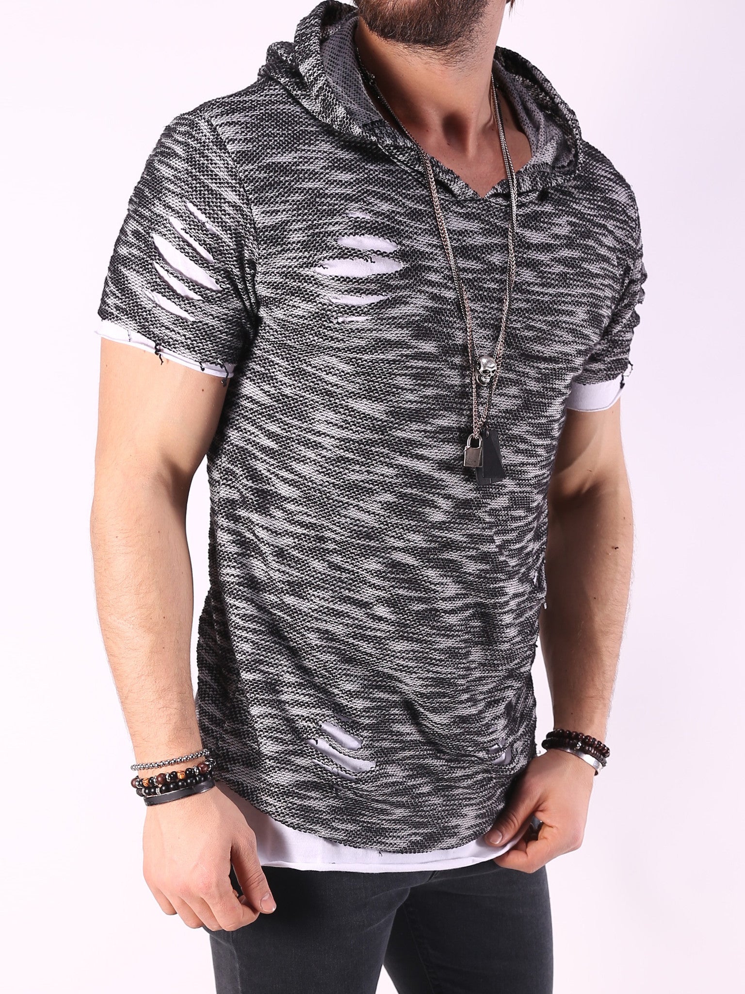 K&B Men Fuzz Ripped Holes Hoodie T-shirt - Black - FASH STOP