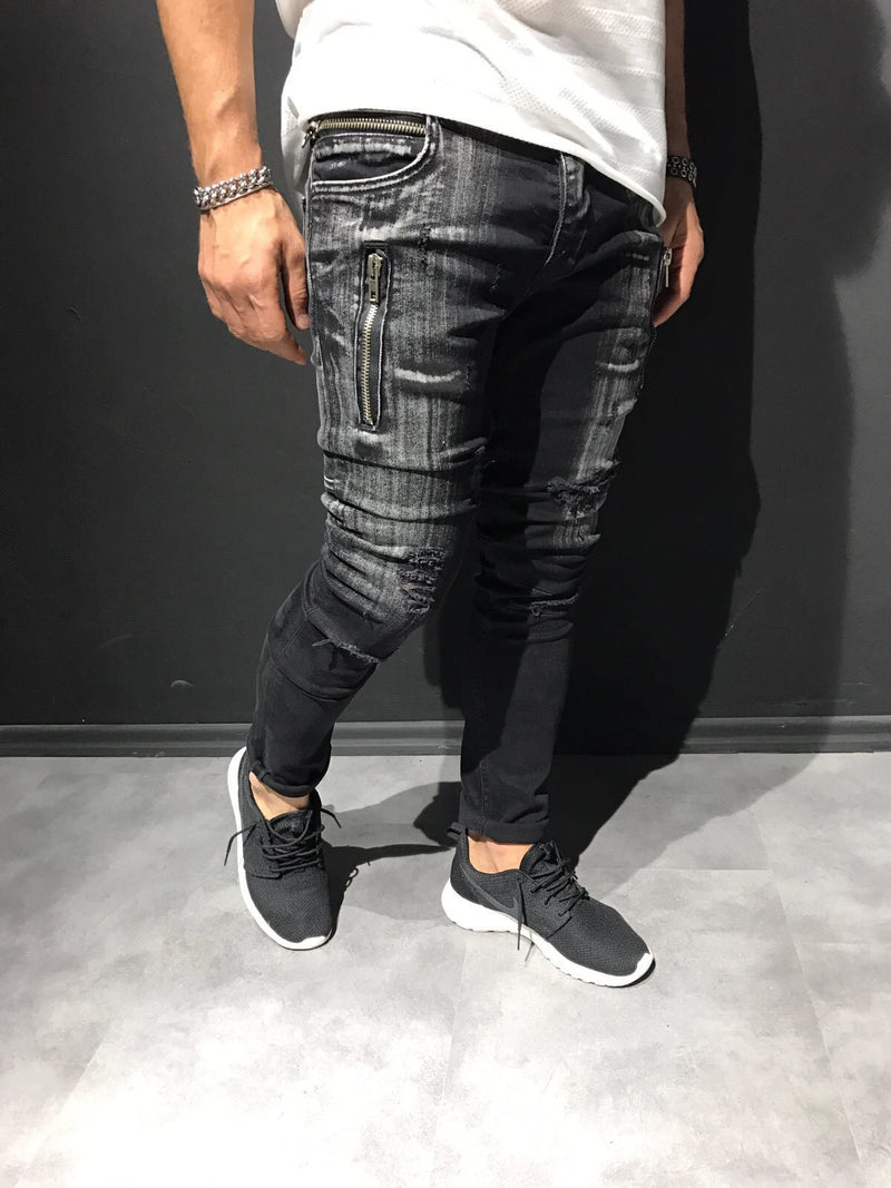 2Y Men Slim Fit Scratched Ripped Destroyed Zippers Jeans - Black - FASH STOP