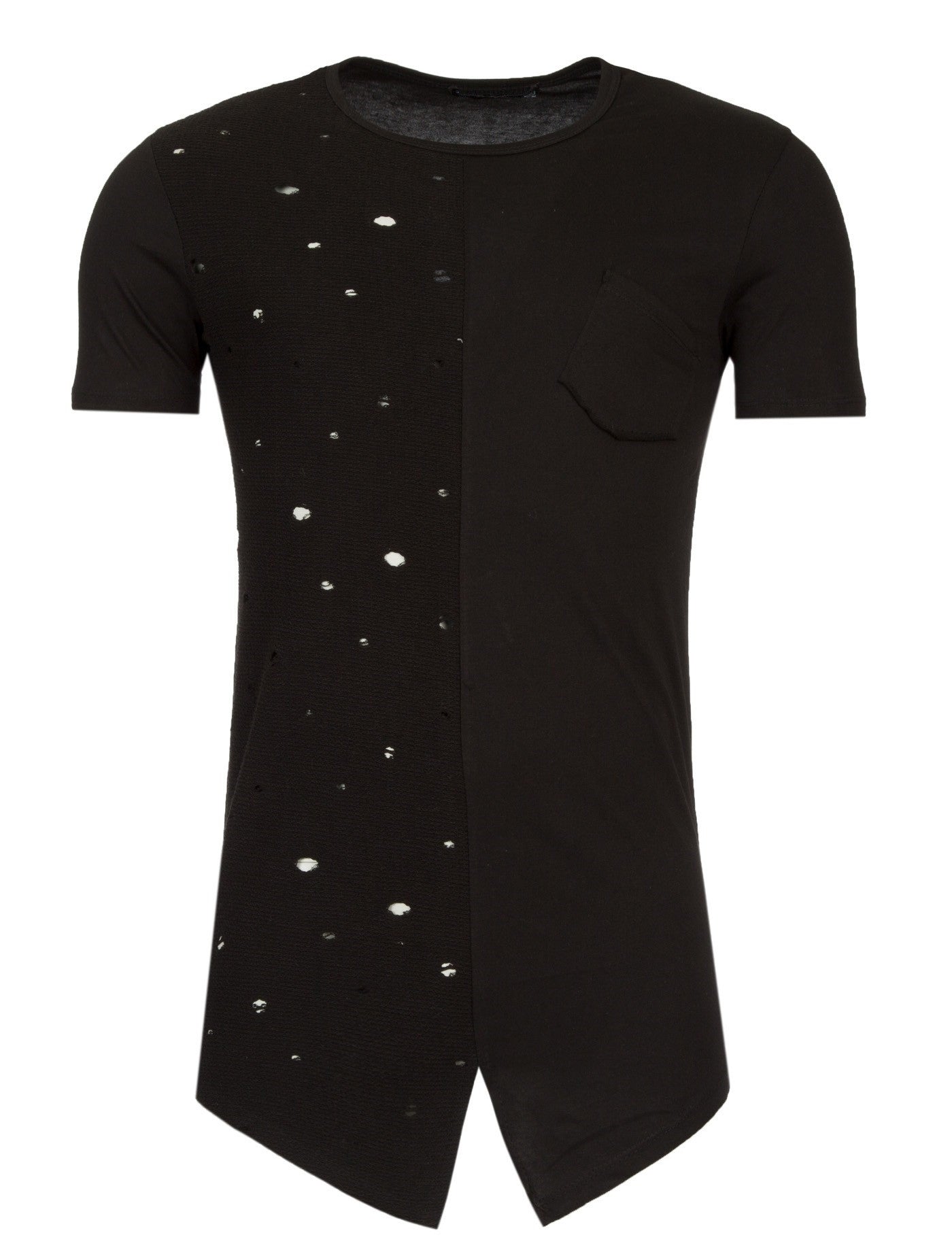 Y&R Men 1 Side Perforated Holes Slit T-Shirt - Black