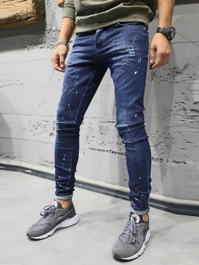 2Y Men Slim Fit Simplicity Paint Distressed Jeans - Dark Blue - FASH STOP