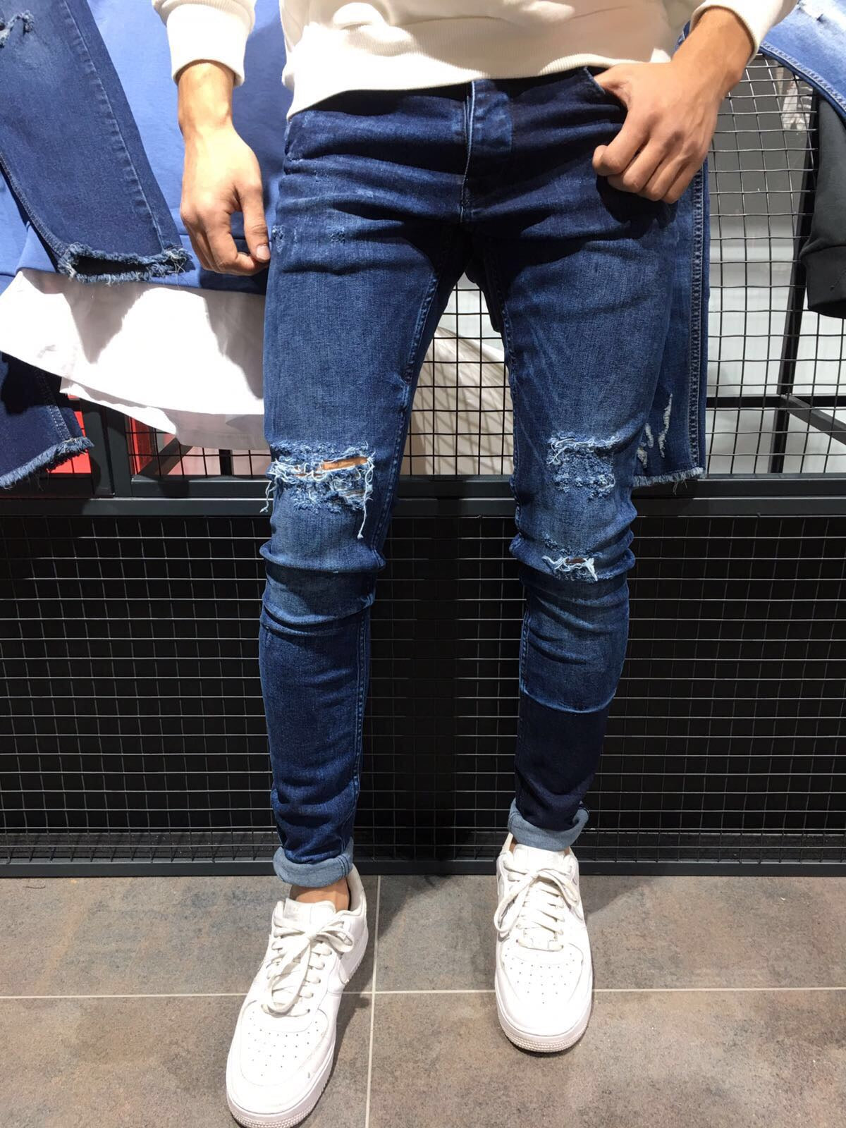 Men's Fashion Ripped Skinny Stretch Jeans Slim Fit Denim - Temu