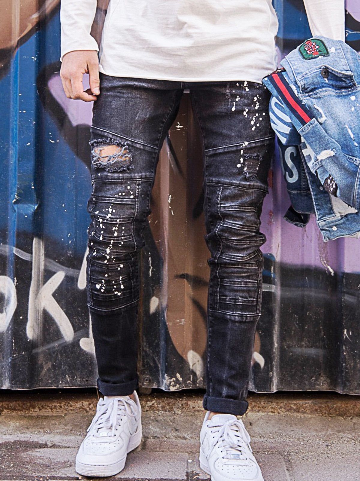 Men Slim Fit Ripped Destroyed Paint Jeans - Black FASH STOP