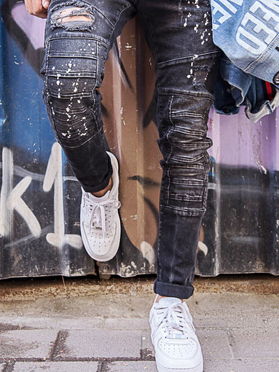 2Y Men Slim Fit Ripped Destroyed Paint Mini Bars Jeans - Black - FASH STOP