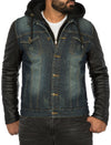 Men Stylish Denim Collar Hoodie Jacket Faux Leather Sleeves - Blue