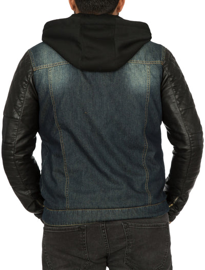 Men Stylish Denim Collar Hoodie Jacket Faux Leather Sleeves - Blue
