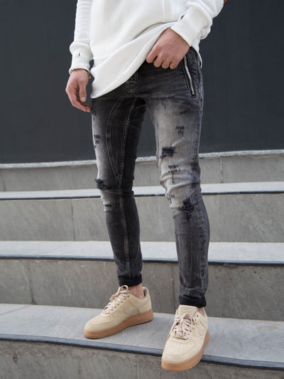 P&V Men Slim Fit Ripped Zipper Pockets Jeans - Washed Black