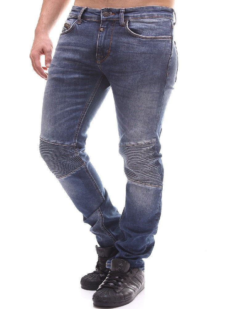 CoJ Men Slim Fit Biker Ribbed Knee Jeans - Blue - FASH STOP