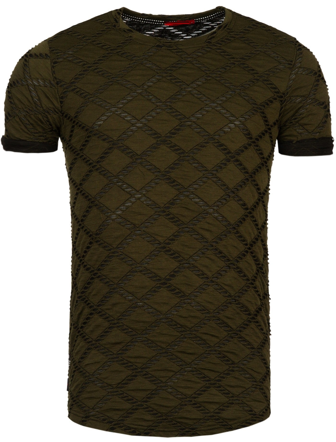 Losange Faux Ripped T-Shirt - Army Green - FASH STOP