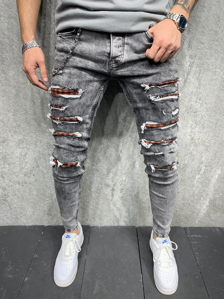 Plaid Wounds Skinny Ripped Jeans + Chain - Washed Black Y10 - FASH STOP