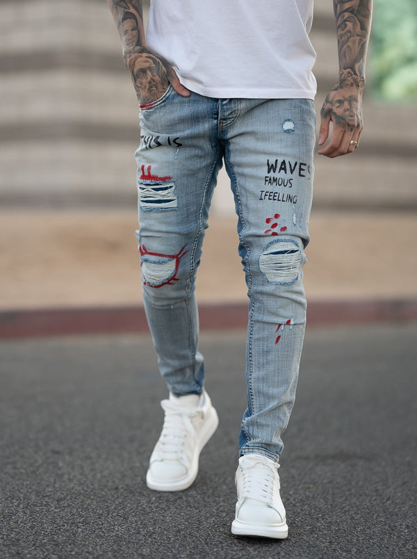 Fely Bleached Ripped Jeans + Chain - Blue Y14 - FASH STOP