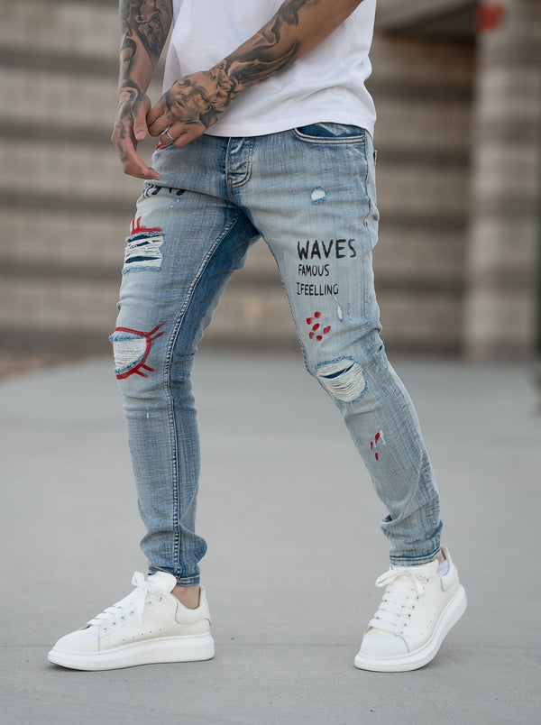 Fely Bleached Ripped Jeans + Chain - Blue Y14 - FASH STOP