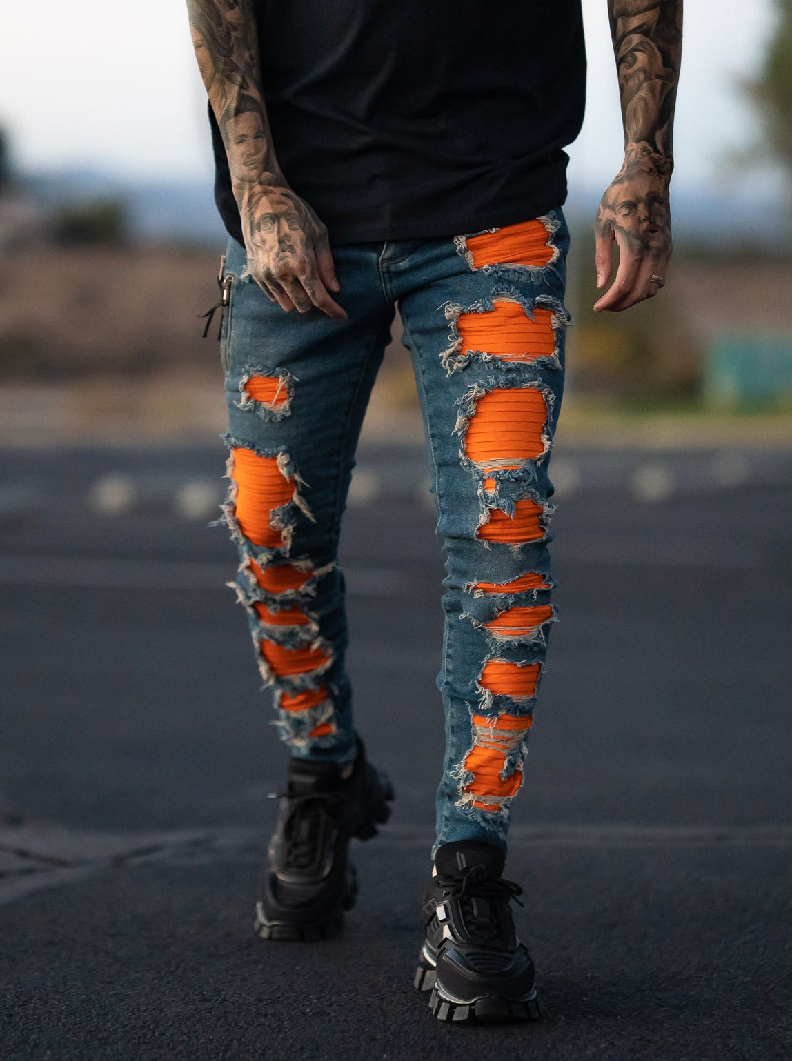 Monster Ripped In 2 Orange Monster Skinny Ripped Jeans - Blue Y2 - FASH STOP