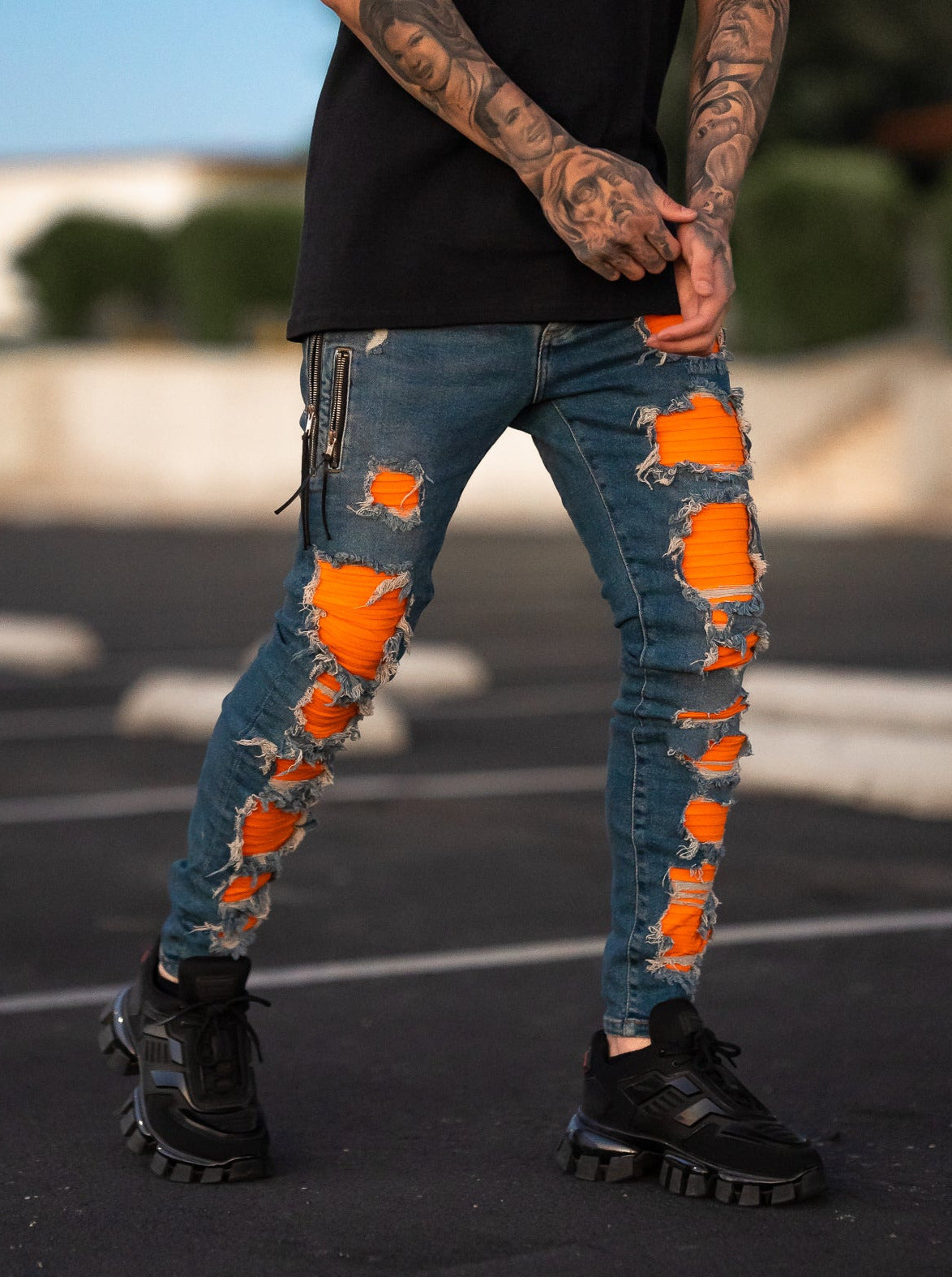 Mens Mid Blue Wash Super Skinny Ripped Jeans Mens Jeans justyouroutfit