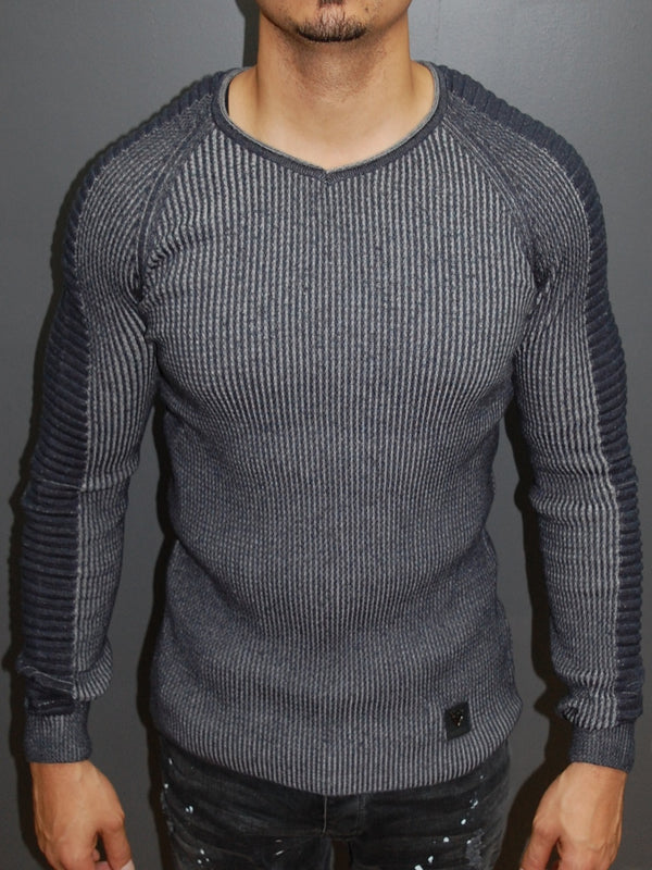 R&R Men Stylish Side Arm Ribbed V Neck Sweater - Navy Blue - FASH STOP