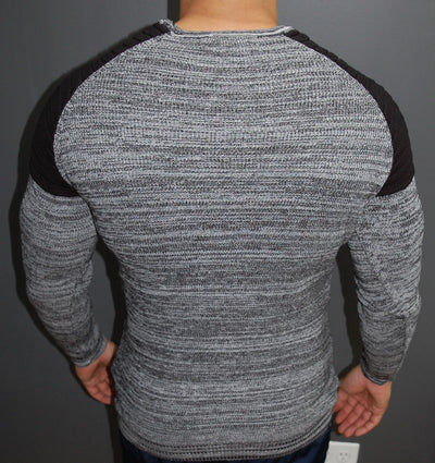 R&R Men Stylish 2 Tone Ribbed Cage Crew Neck Sweater -  Gray / Black