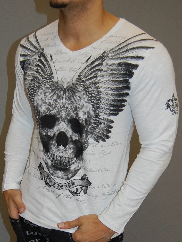 J&J MUSCLE FIT GRAPHIC SKULL WINGS L/S V-NECK T-SHIRT - WHITE - FASH STOP