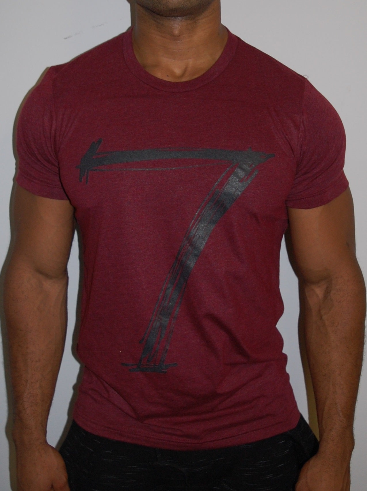 Men Muscle Fit Graphic "7" T-Shirt - Burgundy - FASH STOP