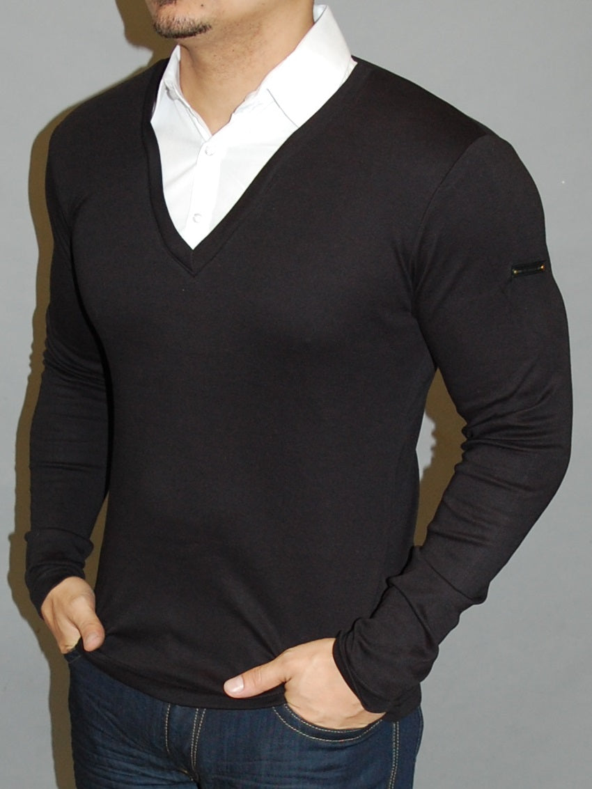 R&R Mens Stylish Fused Collar T-Shirt L/S - Black
